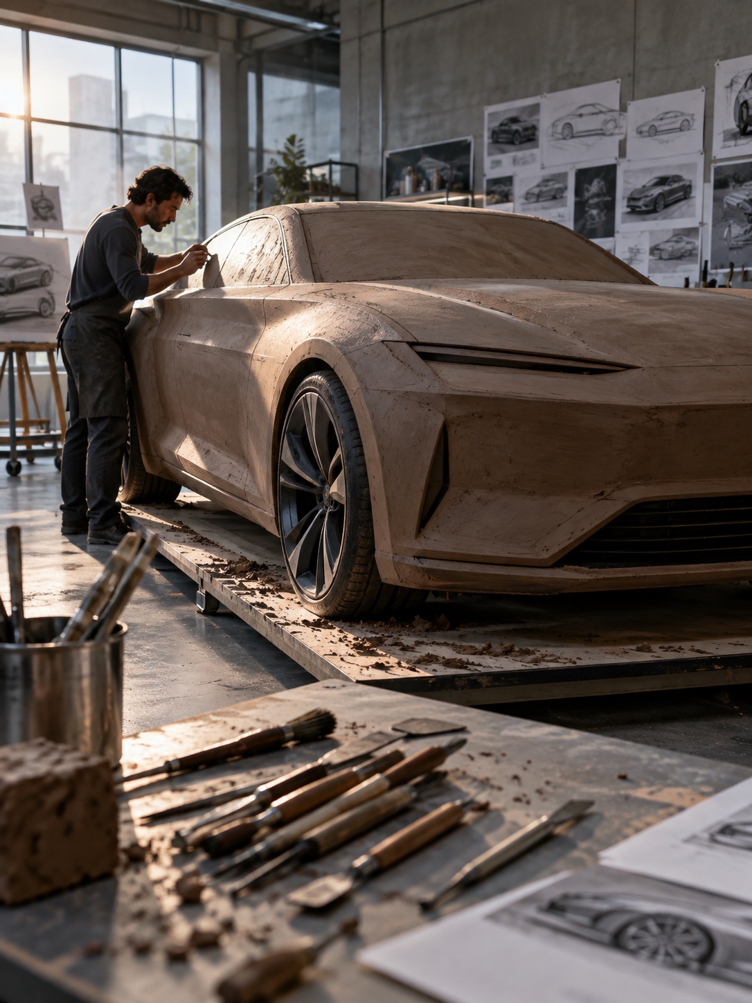 Automotive Clay Model Design Studio Full-size automotive clay model under raking light in a modern design studio | Sky Rye Design Full-size automotive clay model under raking light in a modern design studio