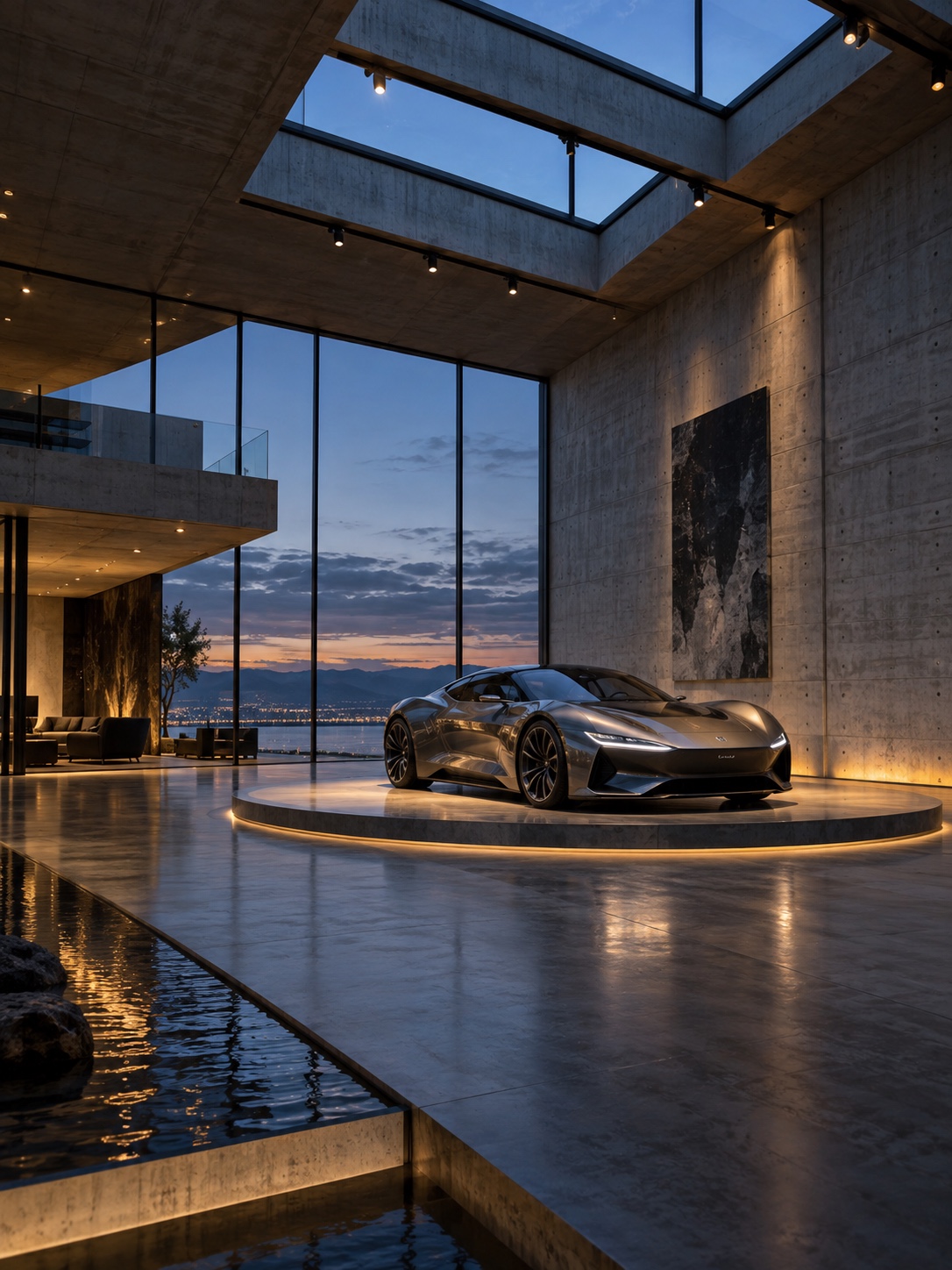 Automotive Design Gallery at Dusk Concept car illuminated beneath skylights in a concrete automotive design gallery at dusk | Sky Rye Design Concept car illuminated beneath skylights in a concrete automotive design gallery at dusk