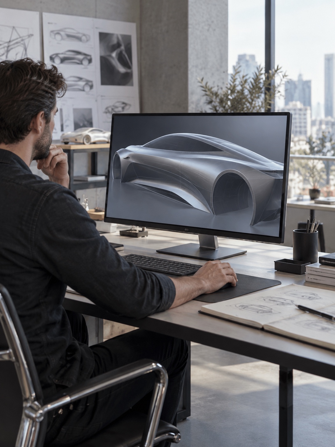 Automotive Design Office 3D Surfacing Automotive designer reviewing a three-dimensional car surfacing model on a studio monitor | Sky Rye Design Automotive designer reviewing a three-dimensional car surfacing model on a studio monitor