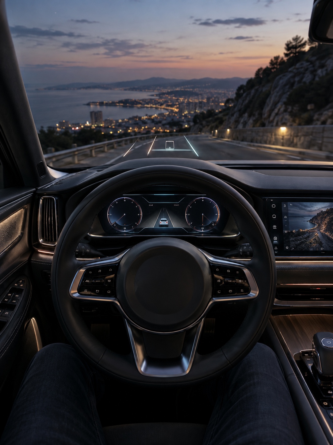 Automotive HUD Cockpit Interior Driver view of a modern cockpit with a softly illuminated heads-up display | Sky Rye Design Driver view of a modern cockpit with a softly illuminated heads-up display