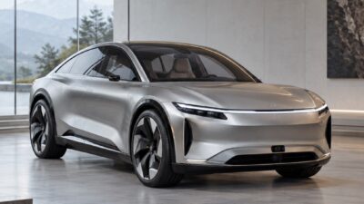 Electric concept car with sensor housings integrated into its front fascia in a minimalist gallery