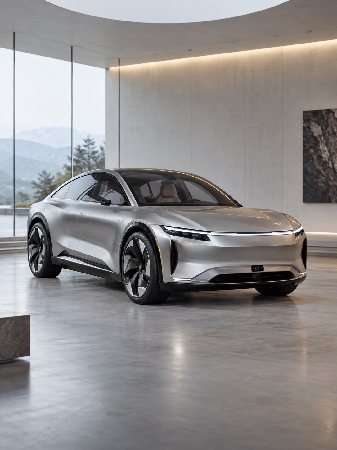 Automotive Safety Design EV Concept Gallery Electric concept car with sensor housings integrated into its front fascia in a minimalist gallery | Sky Rye Design Electric concept car with sensor housings integrated into its front fascia in a minimalist gallery