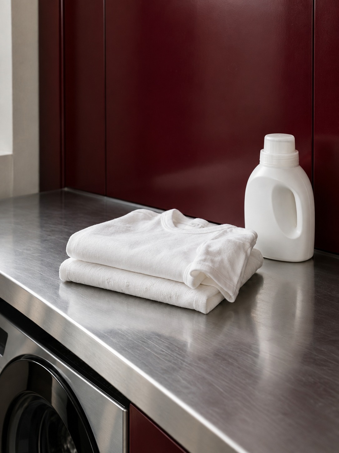 Baby laundry still life White baby clothes beside a closed detergent bottle on stainless steel | Sky Rye Design White baby clothes beside a closed detergent bottle on stainless steel