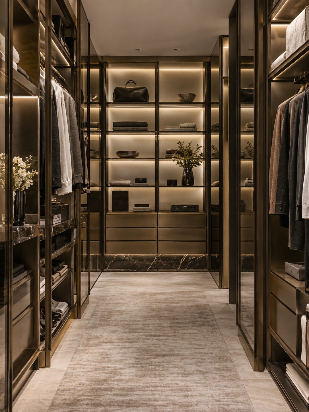 Backlit walk-in closet Luxury walk-in closet with backlit glass shelving and matte bronze fixtures | Sky Rye Design Luxury walk-in closet with backlit glass shelving and matte bronze fixtures