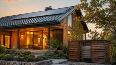 Modern wooden house with solar panels on a sloped roof, glass walls, and a landscaped front yard at sunset.