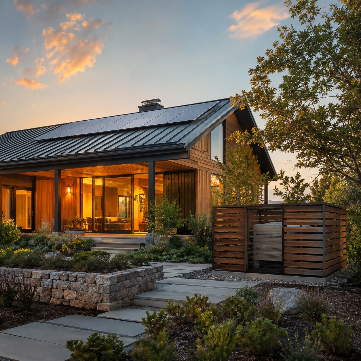Backup-Ready Sustainable Home With Solar and Generator Modern wooden house with solar panels on a sloped roof, glass walls, and a landscaped front yard at sunset. | Sky Rye Design Modern sustainable home with rooftop solar panels, warm lighting, landscaping, and a screened generator enclosure.