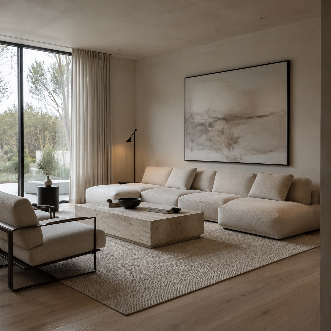 Balance in interior design modern living room Ultra-modern living room with cream seating, travertine table, black floor lamp, and a quiet rug showing balance in interior design. | Sky Rye Design Ultra-modern living room with cream seating, travertine table, black floor lamp, and a quiet rug showing balance in interior design.
