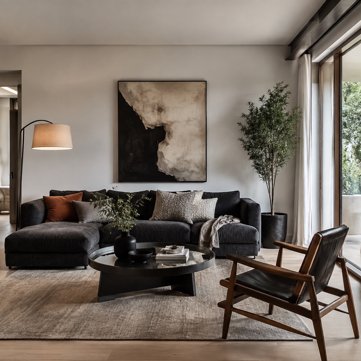 Balanced living room visual weight Modern living room with artwork, tall lamp, and plant balancing a dark sofa through controlled visual weight. | Sky Rye Design Modern living room with artwork, tall lamp, and plant balancing a dark sofa through controlled visual weight.