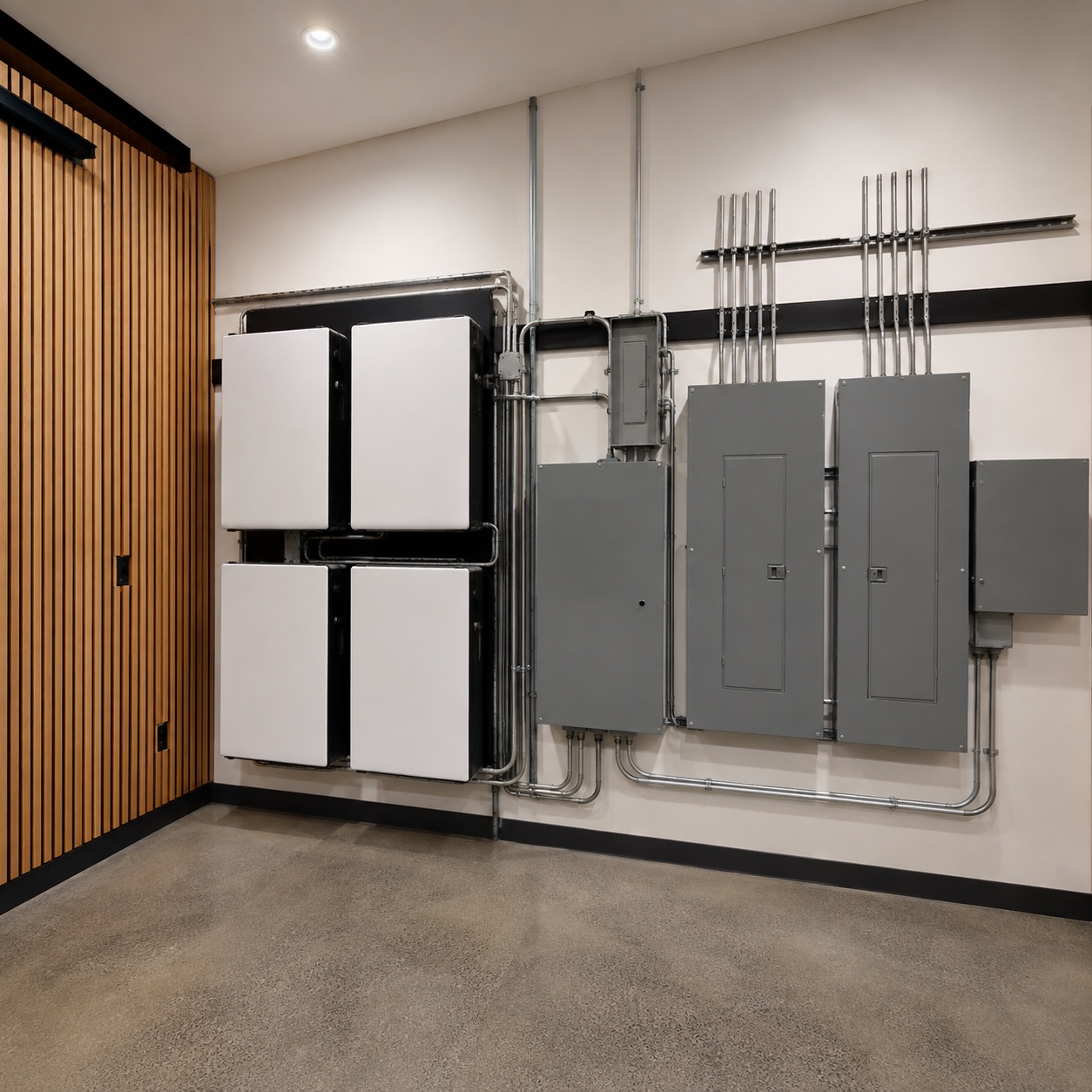 Battery Storage and Electrical Panel Room Modern mechanical room with battery storage, electrical panels, and organized conduit. | Sky Rye Design Modern mechanical room with battery storage, electrical panels, and organized conduit.