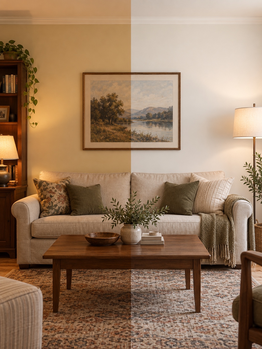 Before and after paint and lighting Split view comparing yellowed wall paint with refreshed warm white paint | Sky Rye Design Split view comparing yellowed wall paint with refreshed warm white paint
