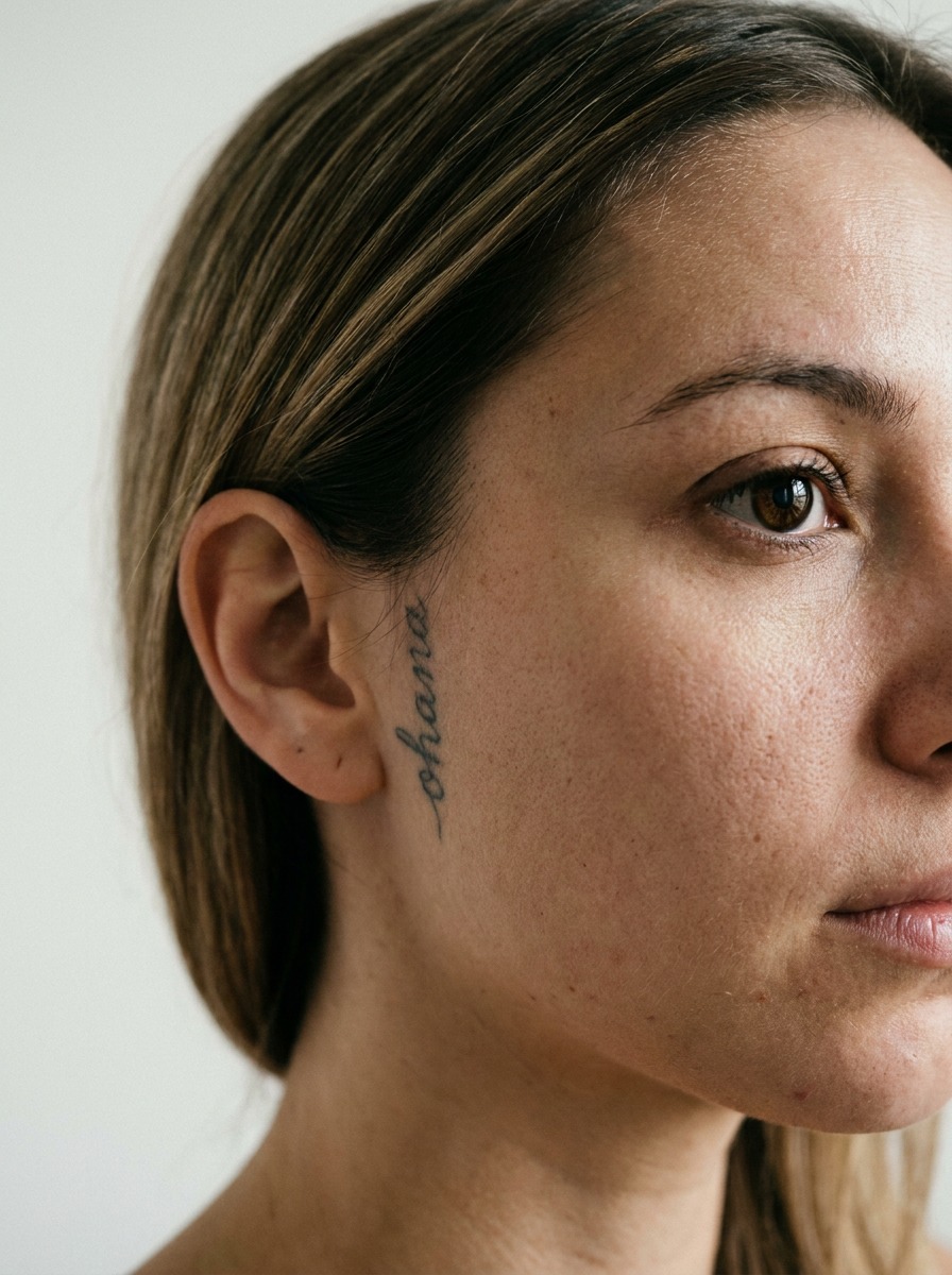 Small behind-the-ear ohana script tattoo with hair swept forward.