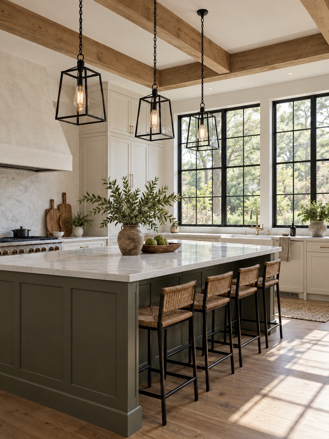 Modern farmhouse kitchen with black cage pendants and matching black window grilles