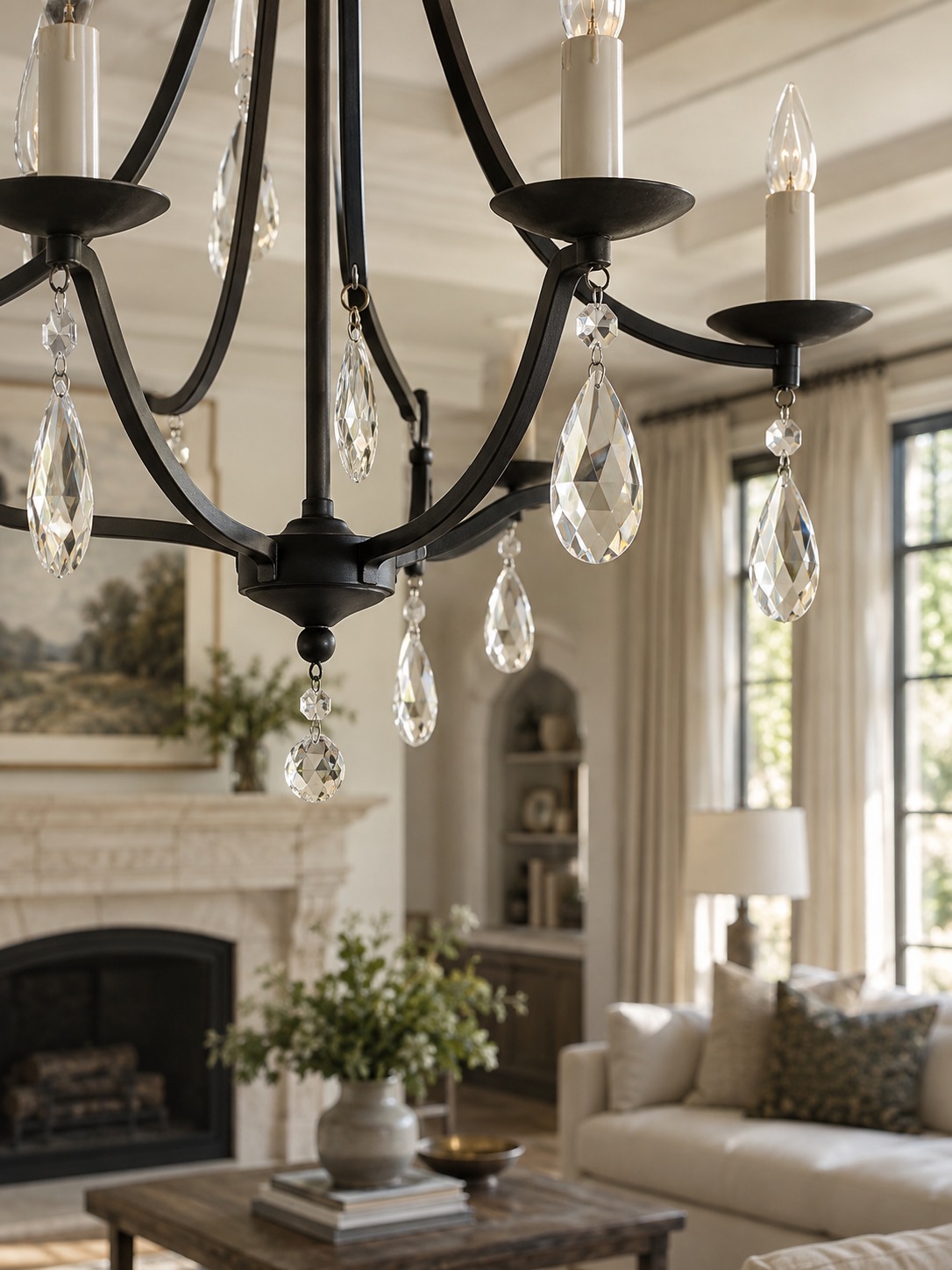 Black chandelier frame with crystal drops in a warm transitional living room