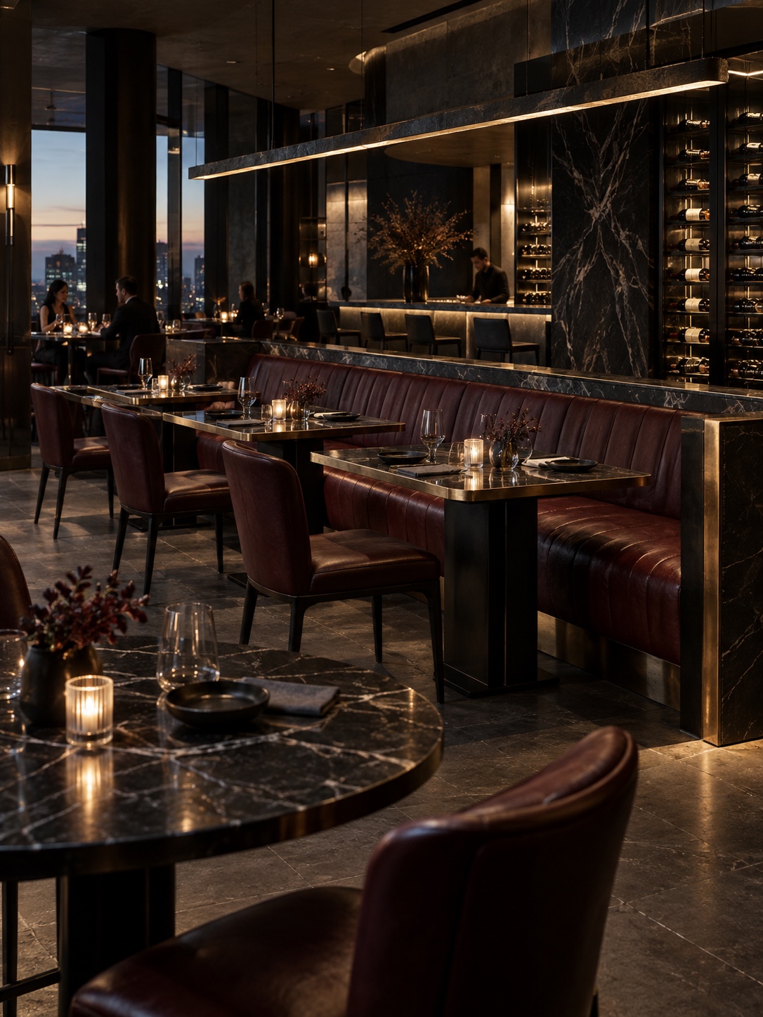 Black Marble Fine-Dining Interior Dark ultra-modern restaurant interior with black marble, brushed brass and sculptural lighting | Sky Rye Design Dark ultra-modern restaurant interior with black marble, brushed brass and sculptural lighting