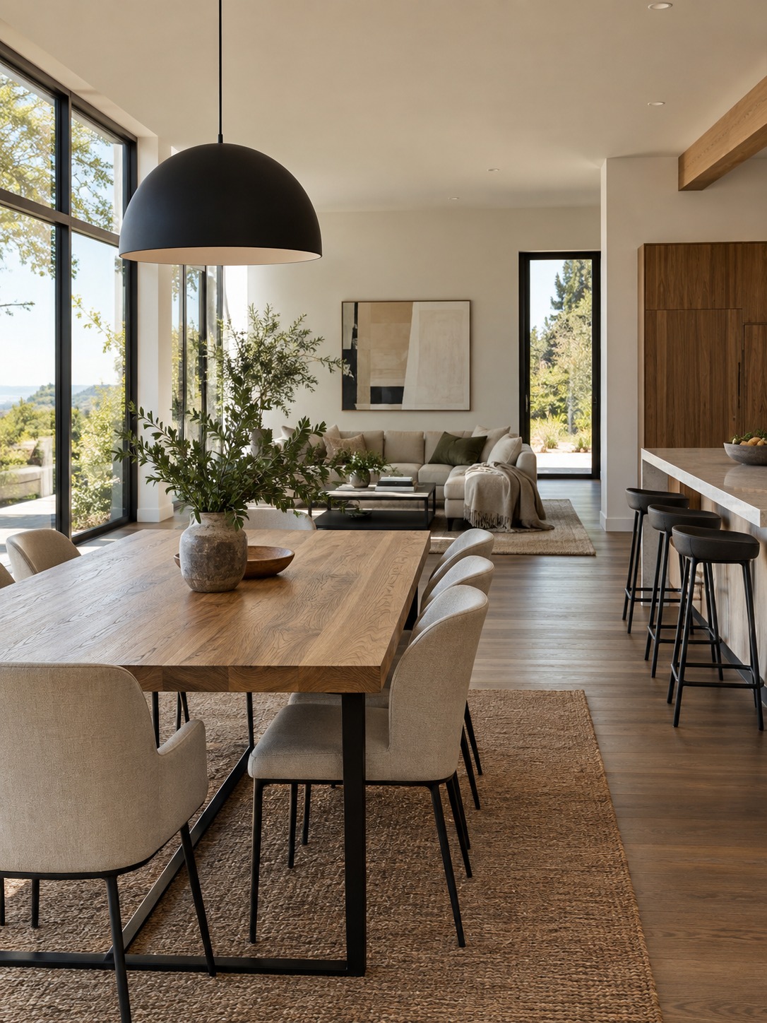 Open-plan room with a black pendant and black furniture legs repeating the finish