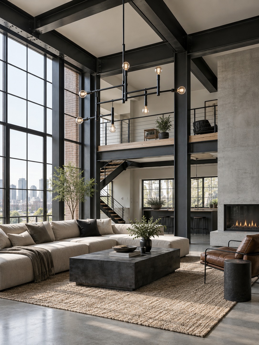 Industrial loft living room with a black pipe chandelier and exposed black beams