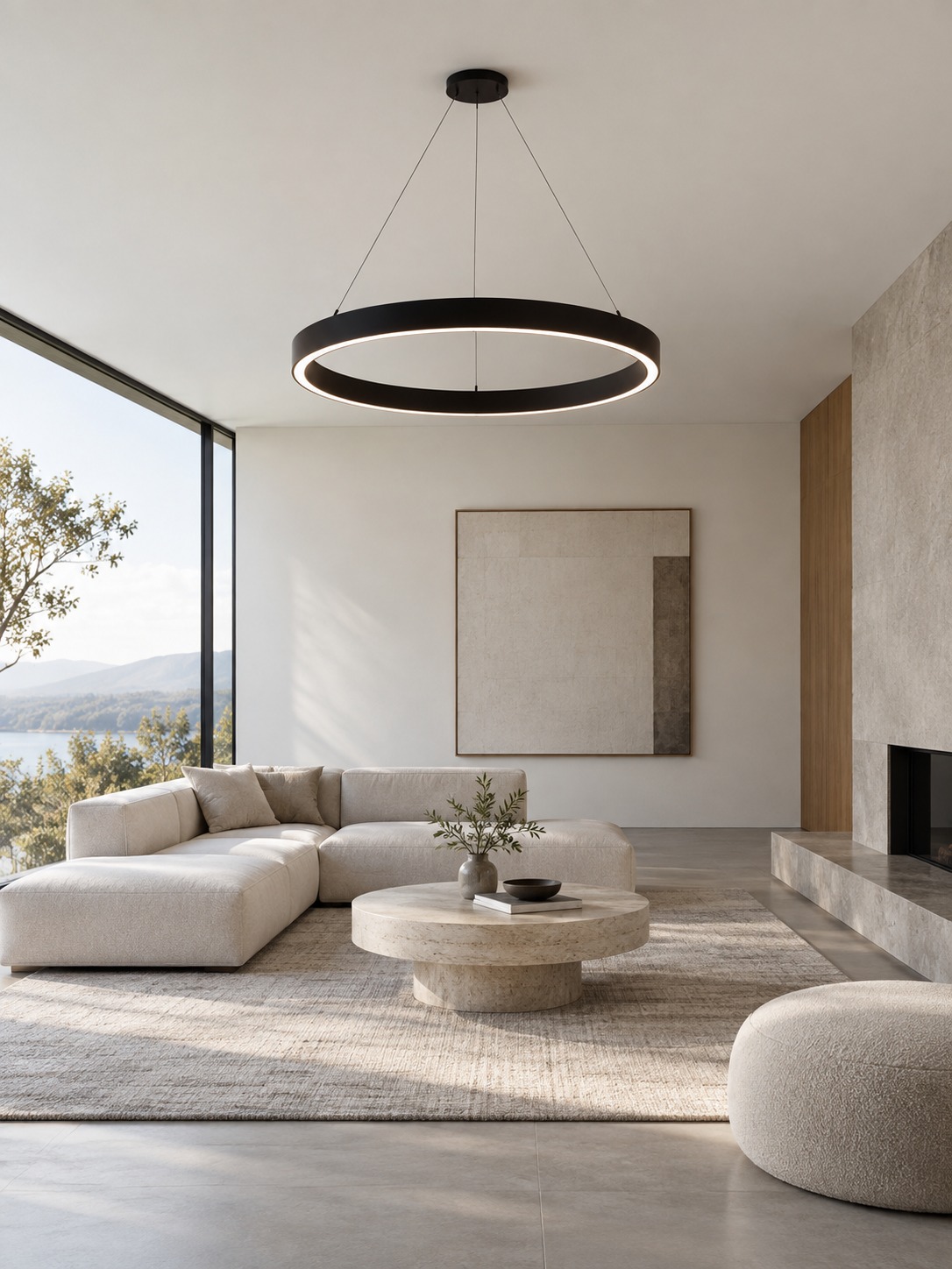 Minimalist living room with a large black ring pendant as the main focal point