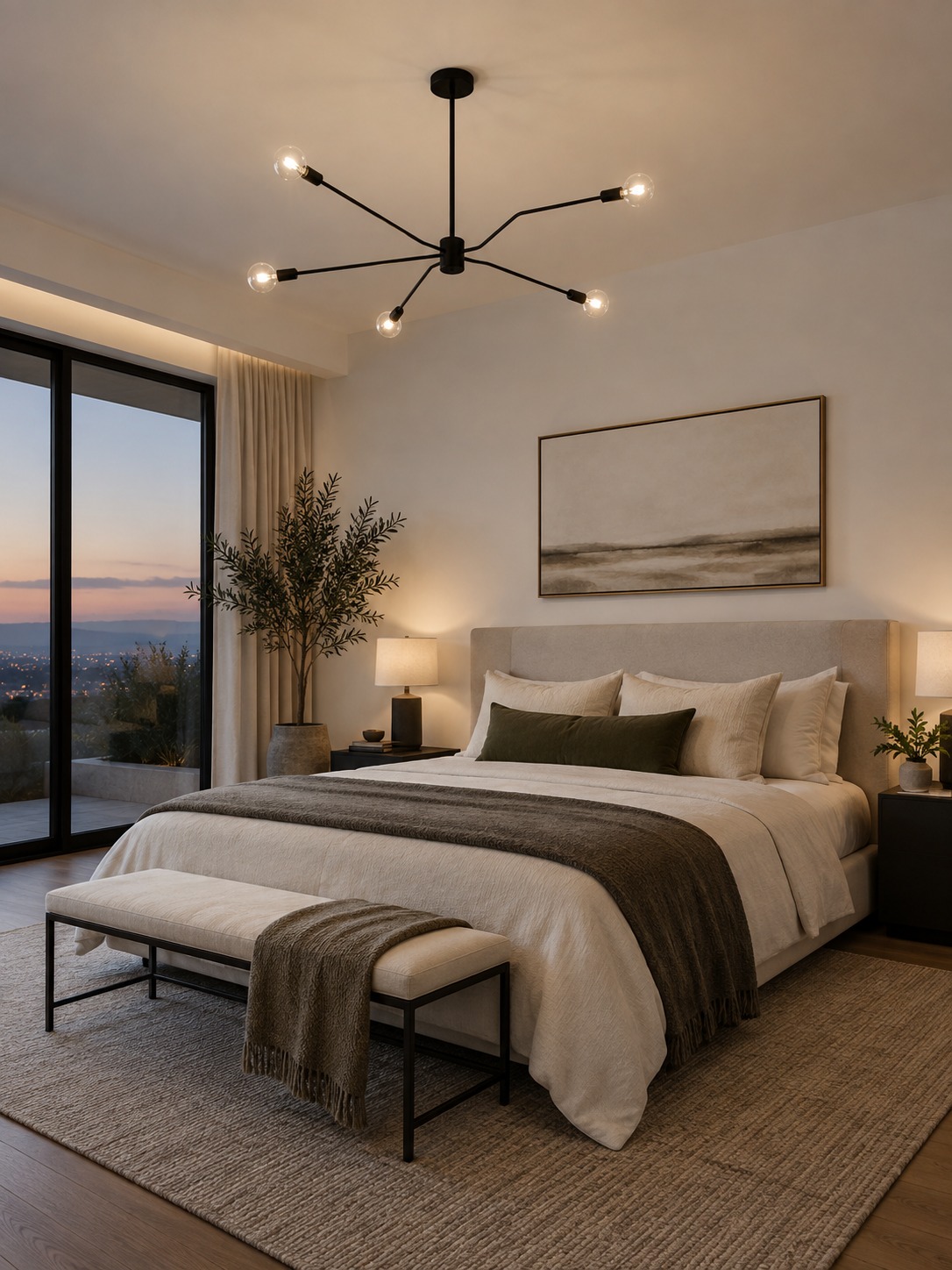 Minimalist bedroom with a thin-arm black spider chandelier below a white ceiling