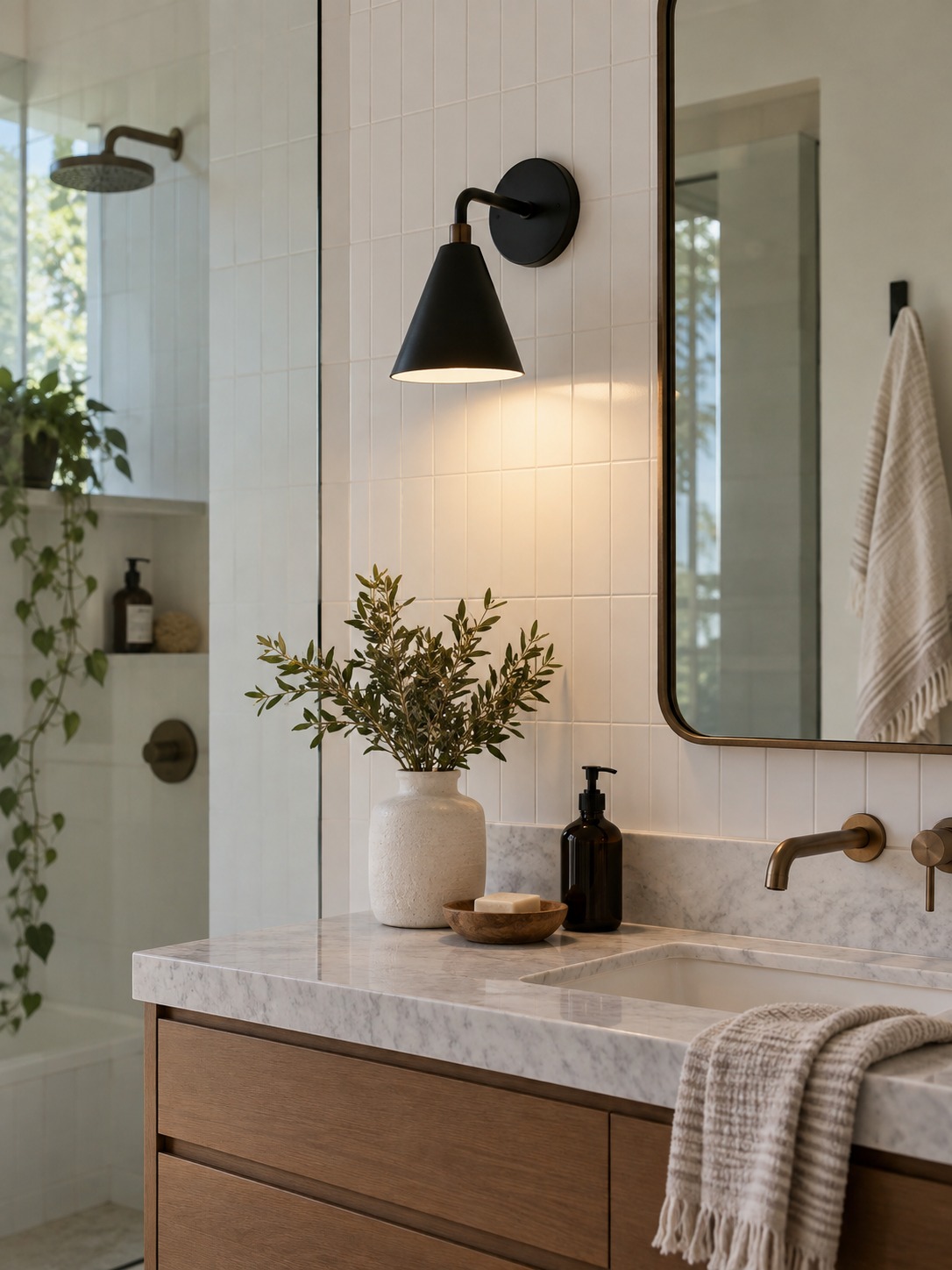 Modern bathroom with a black wall sconce mounted against white tile