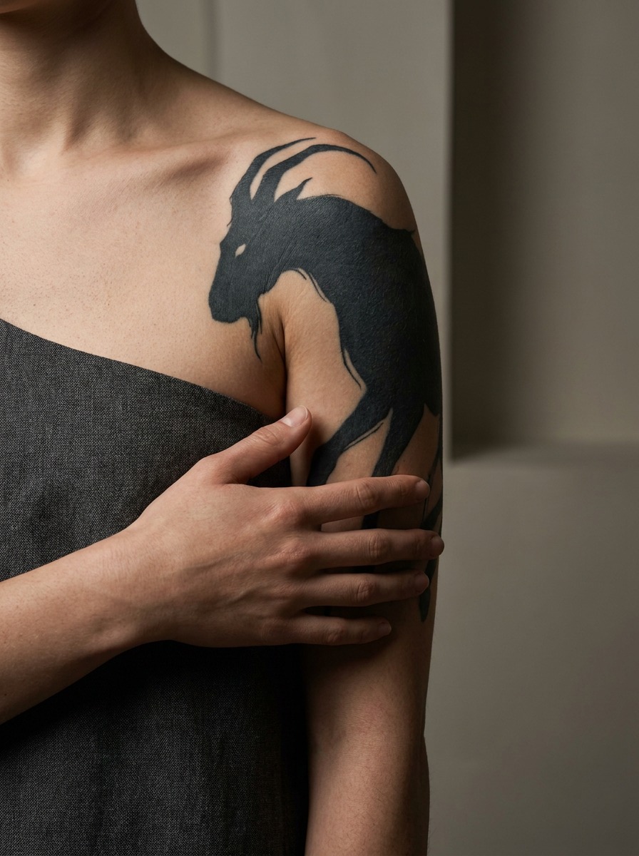 Bold blackwork animal silhouette tattoo on the front shoulder