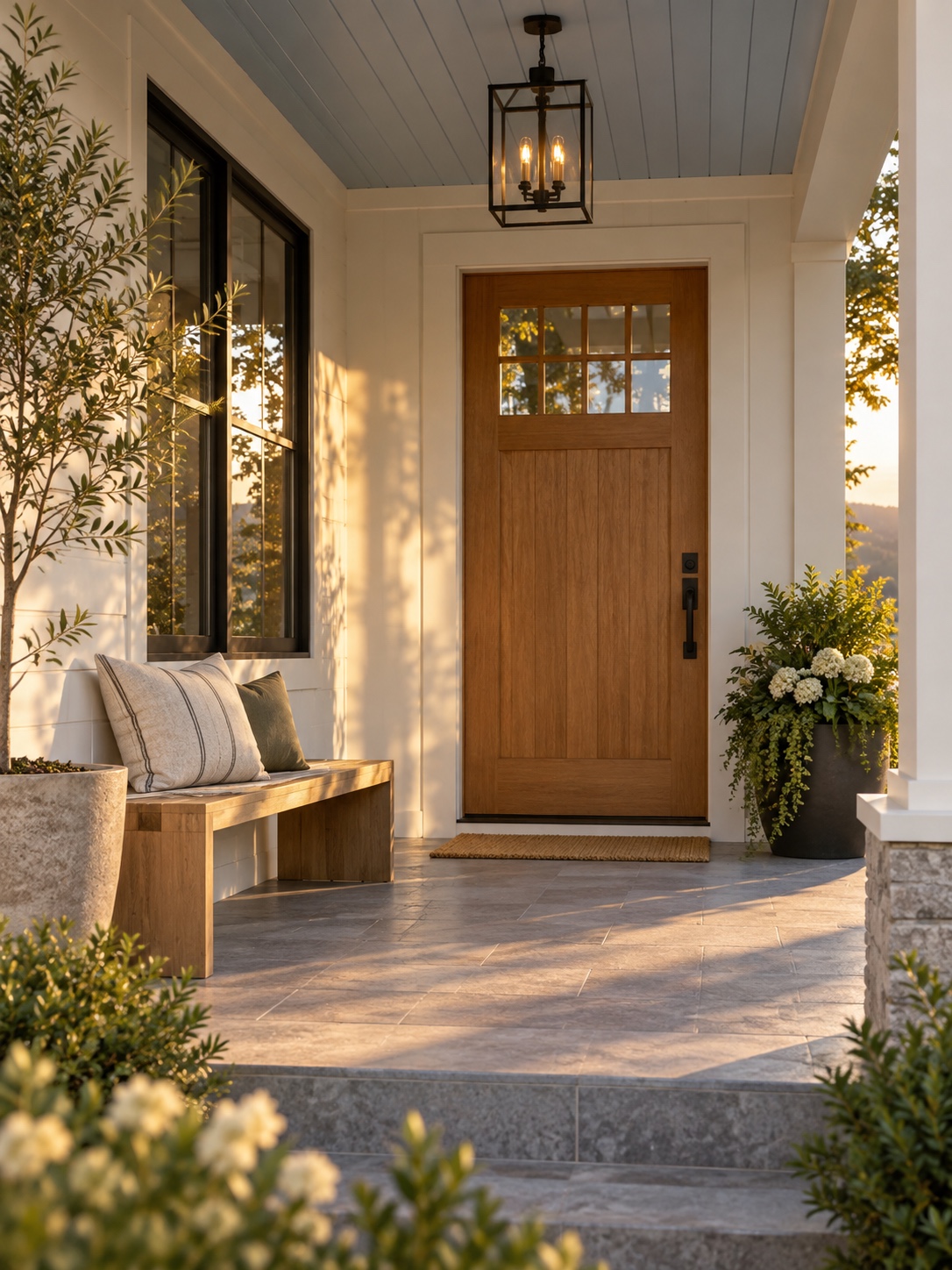 Blue-gray porch ceiling Soft blue-gray porch ceiling above a wood front door and bench | Sky Rye Design Soft blue-gray porch ceiling above a wood front door and bench
