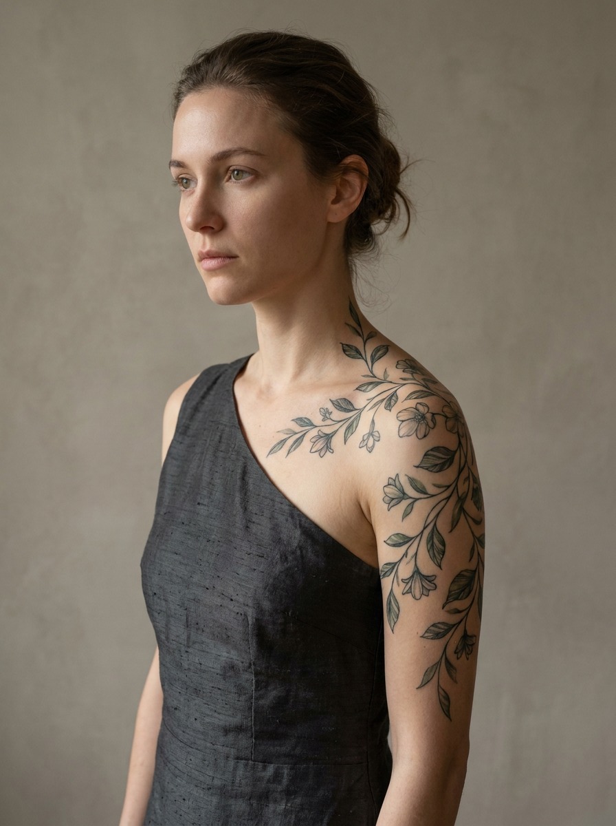 Botanical vine tattoo flowing from the collarbone over the shoulder cap