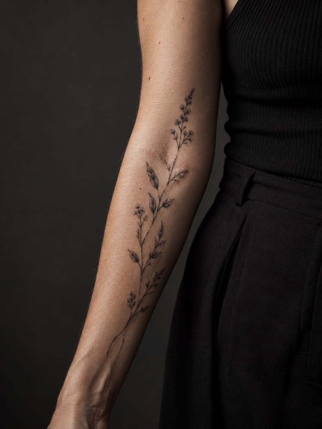 Botanical fine line forearm tattoo A slender botanical tattoo follows the length of a forearm | Sky Rye Design A slender botanical tattoo follows the length of a forearm