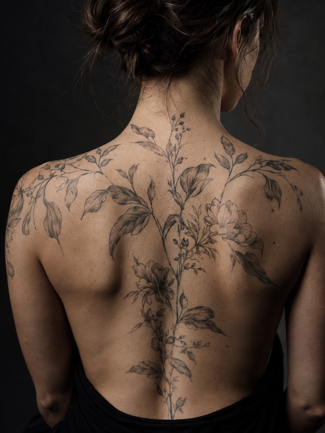 Botanical composition across the upper back A fine botanical composition spans the upper back and shoulder blades | Sky Rye Design A fine botanical composition spans the upper back and shoulder blades