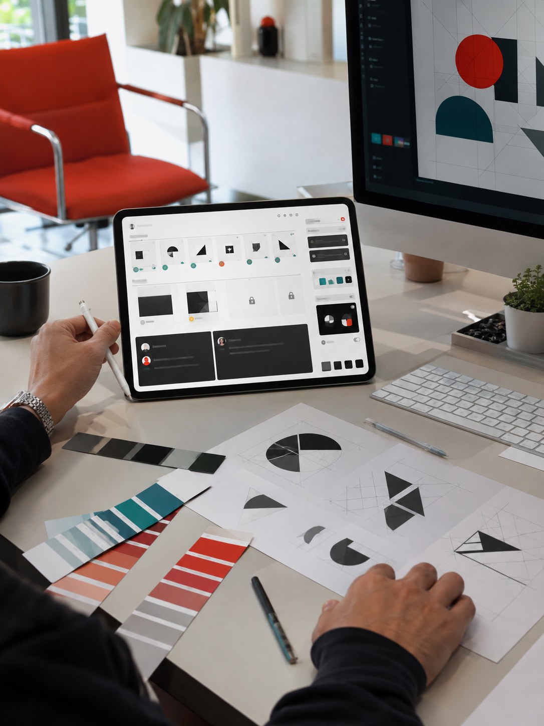 An art director reviewing abstract brand assets, color swatches, and approval states on a tablet.