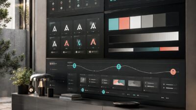 A modern design studio command wall showing abstract brand asset libraries, approvals, and color systems.
