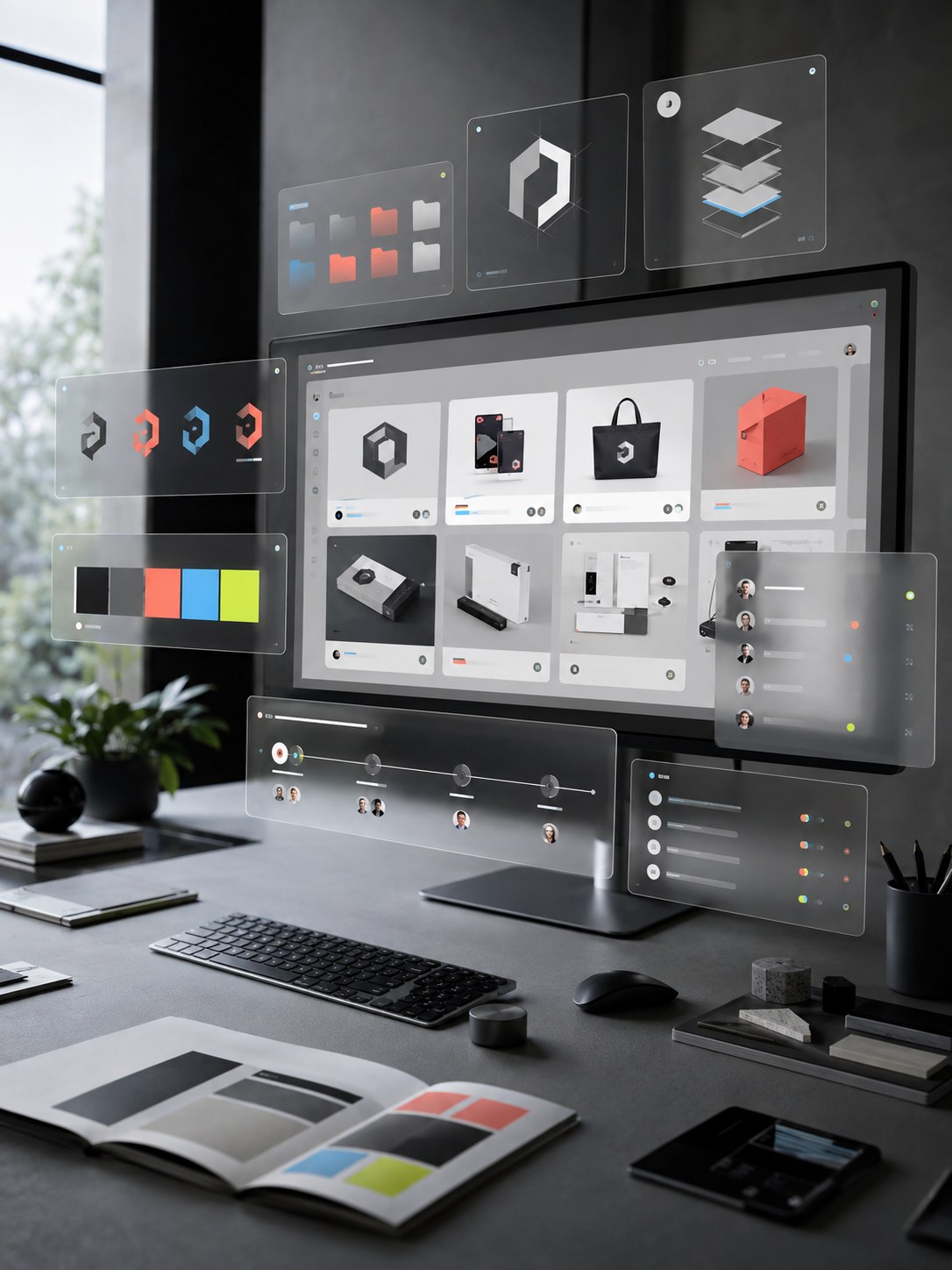 A workstation display showing an abstract brand asset management dashboard with assets, permissions, and version history.