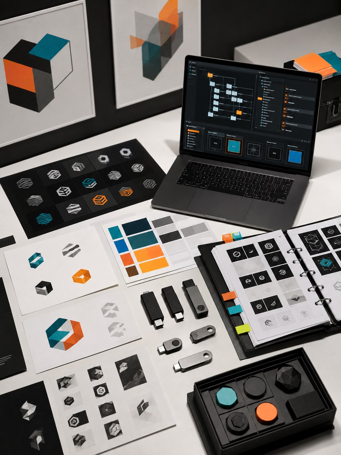 A tabletop audit of fictional logo variants, storage devices, color cards, and an abstract folder taxonomy.