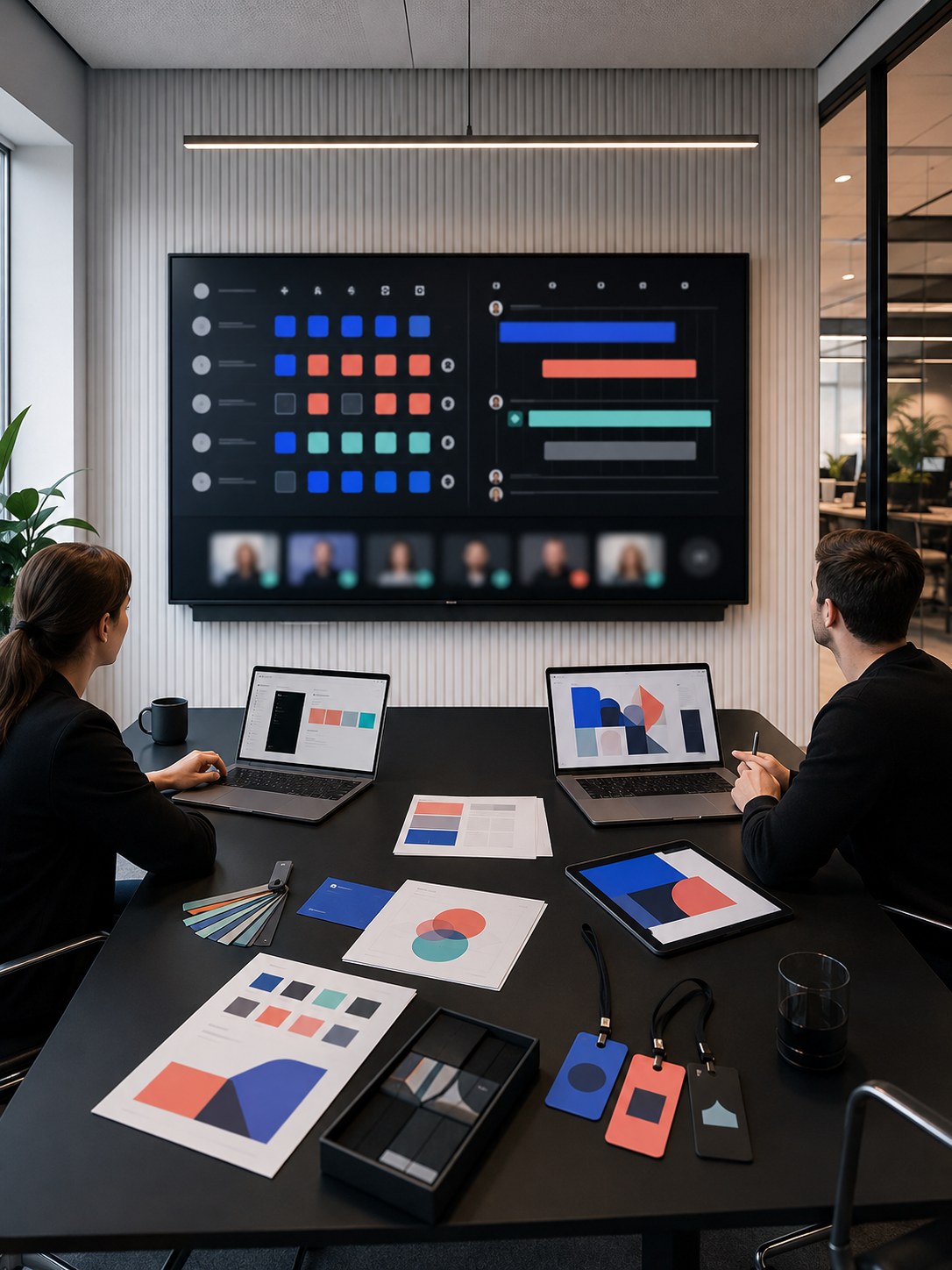 A design team reviewing an abstract permission matrix and approval timeline in a modern studio meeting room.