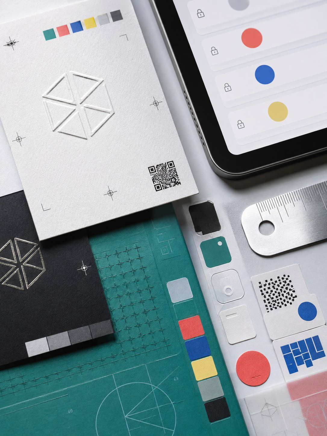 A close-up of printed brand guidelines, fictional marks, color swatches, and locked metadata controls.