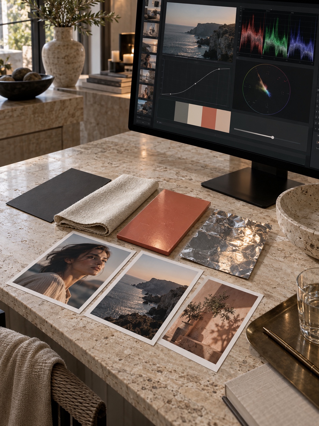 Brand video color palette workflow Graphite, warm paper, and coral campaign colors arranged on a travertine island | Sky Rye Design Graphite, warm paper, and coral campaign colors arranged on a travertine island