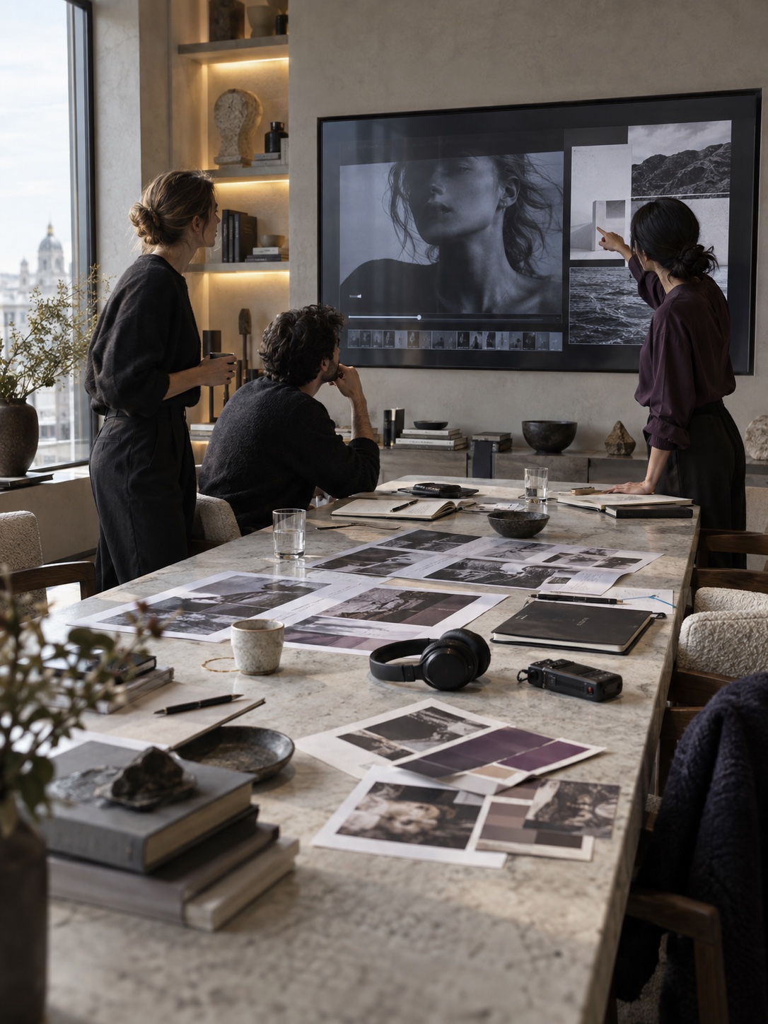 Brand video creative review session Three designers reviewing a short brand video around a pale stone table | Sky Rye Design Three designers reviewing a short brand video around a pale stone table