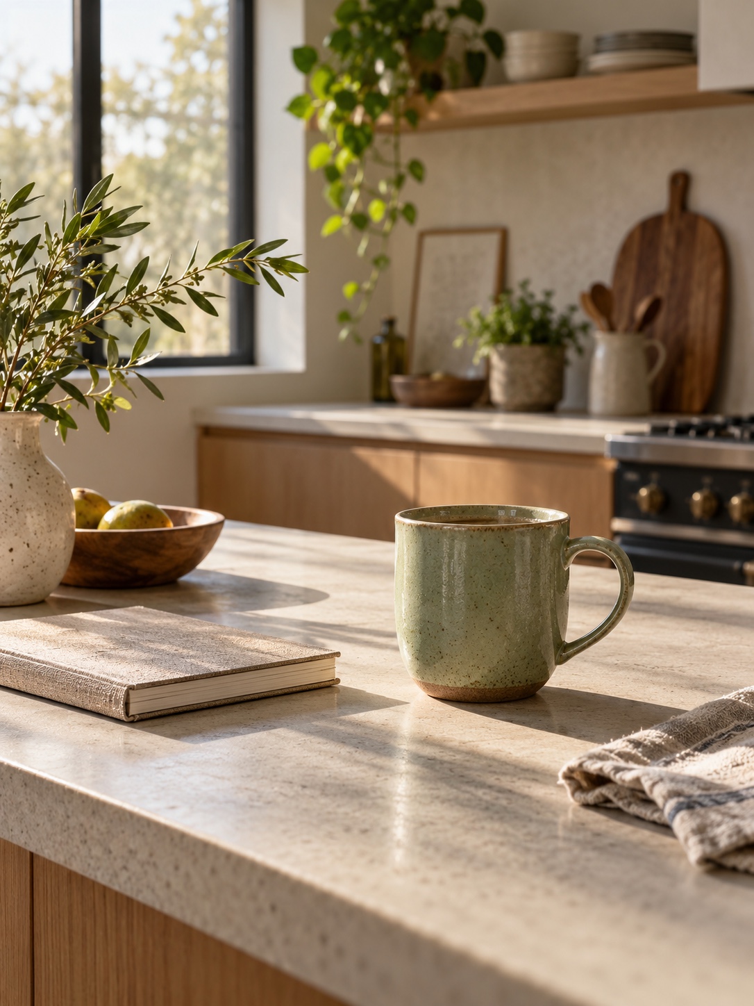Carefully positioned ceramic mug beside a notebook on a minimalist kitchen island in morning light