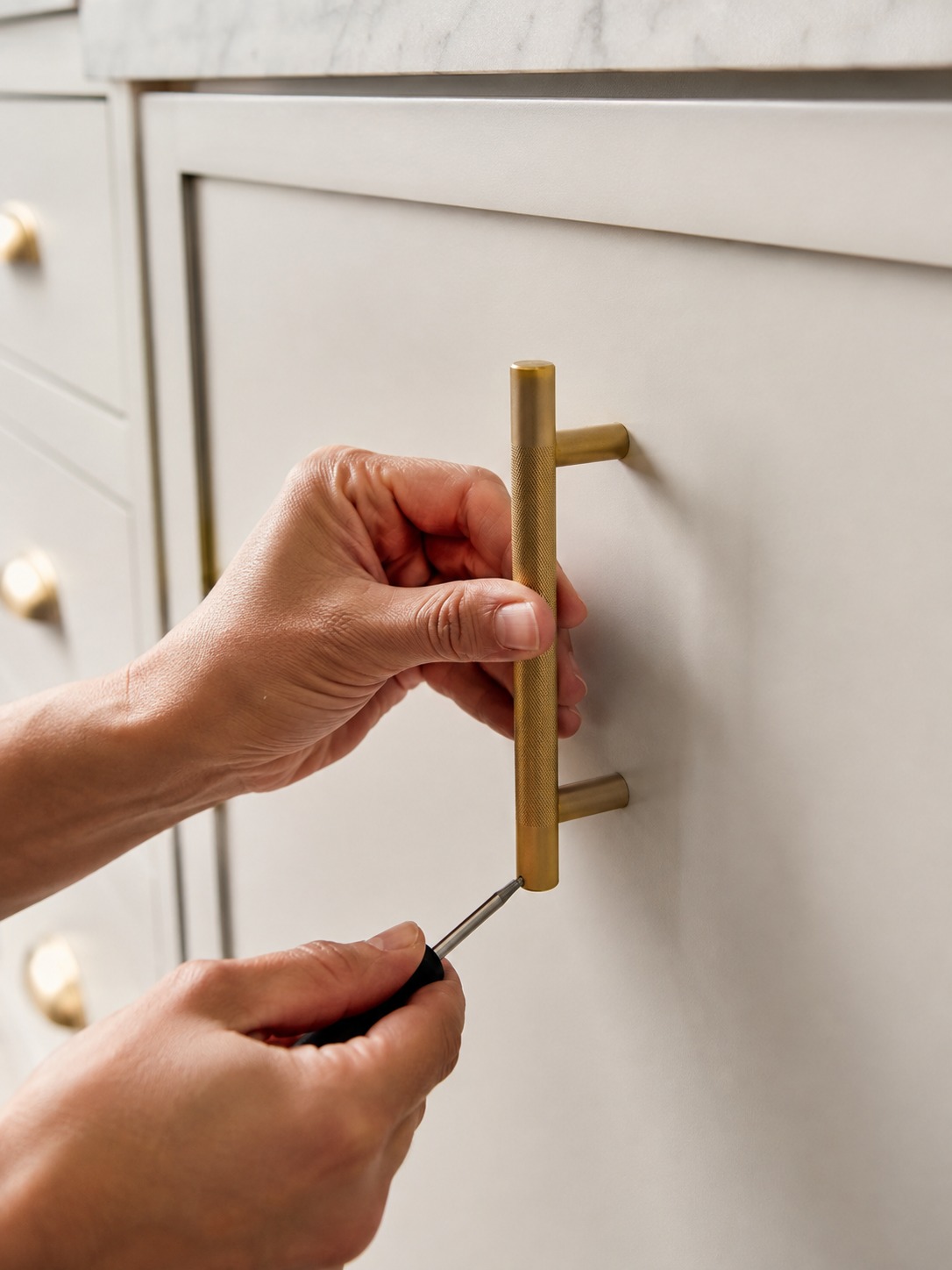 Brushed brass cabinet hardware installation brushed brass cabinet pull being installed on a kitchen cabinet | Sky Rye Design brushed brass cabinet pull being installed on a kitchen cabinet