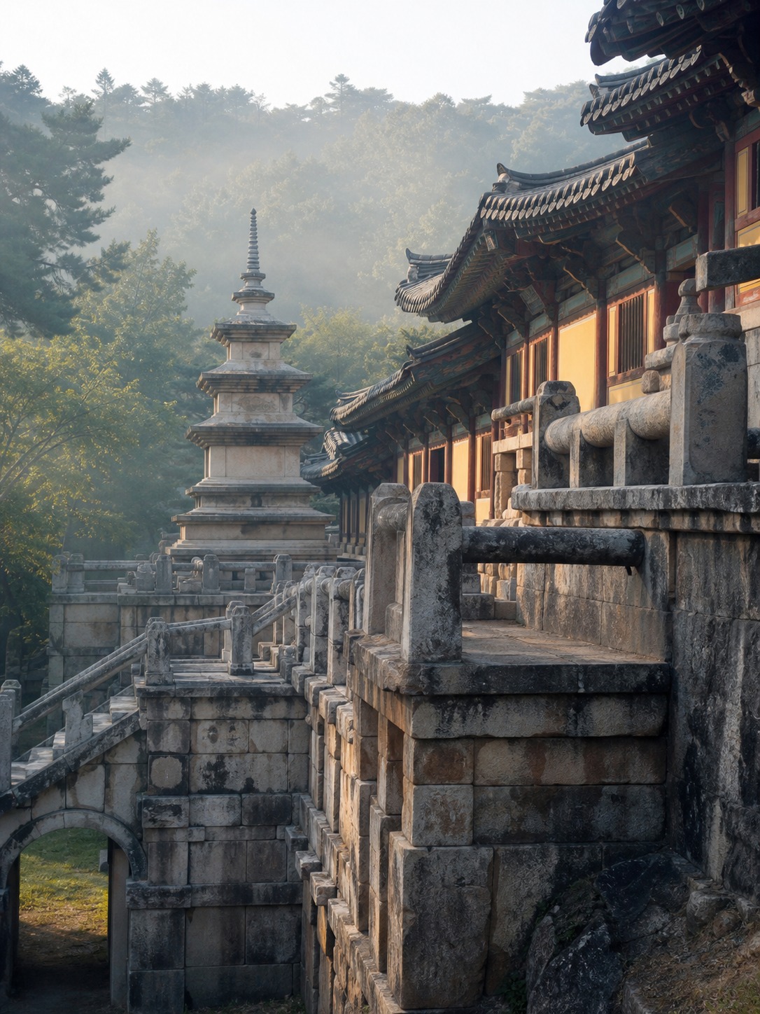 Bulguksa Temple stone terraces and pagoda complex in soft morning light.