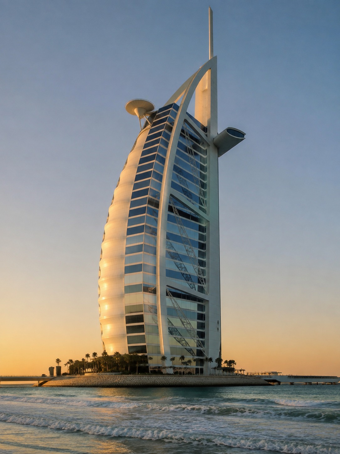 Burj Al Arab rising from its artificial island with the private bridge visible.