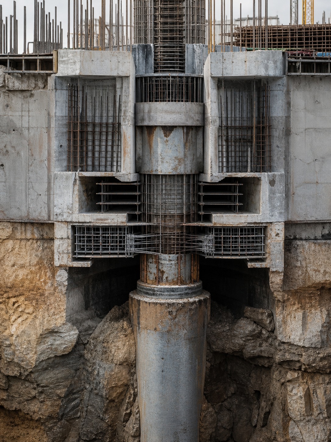 Engineering-style cross-section showing foundation piles beneath a supertall tower.