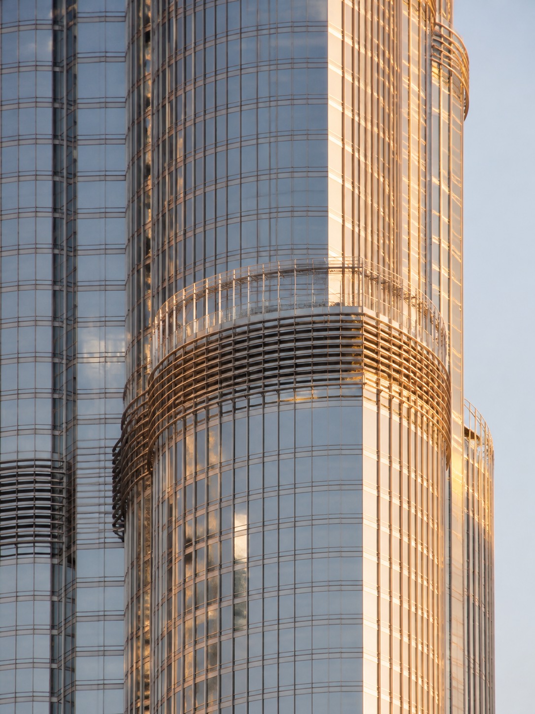 Close detail of a Burj Khalifa setback where the tower cross-section changes.