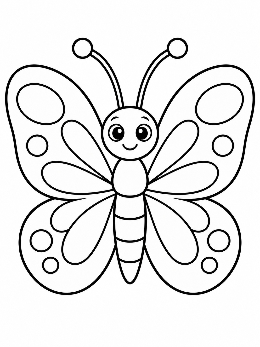Butterfly easy coloring page Symmetrical butterfly with large rounded wings and simple closed patterns. | Sky Rye Design Symmetrical butterfly with large rounded wings and simple closed patterns.