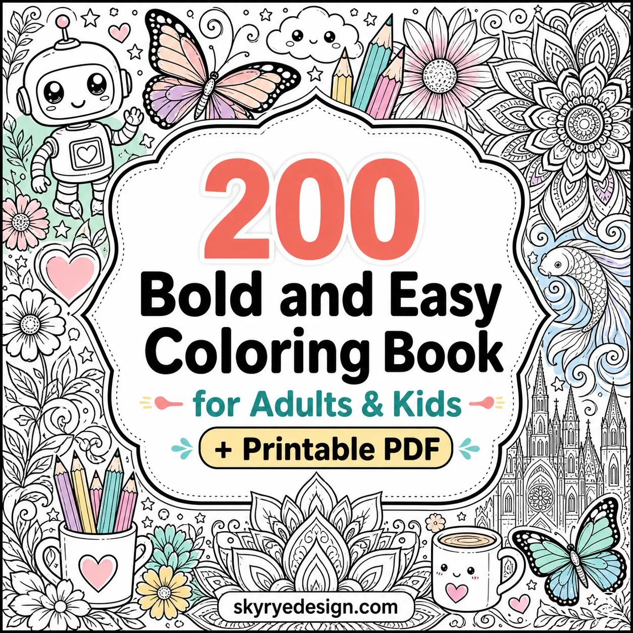 200 Bold and Easy Coloring Pages printable PDF cover