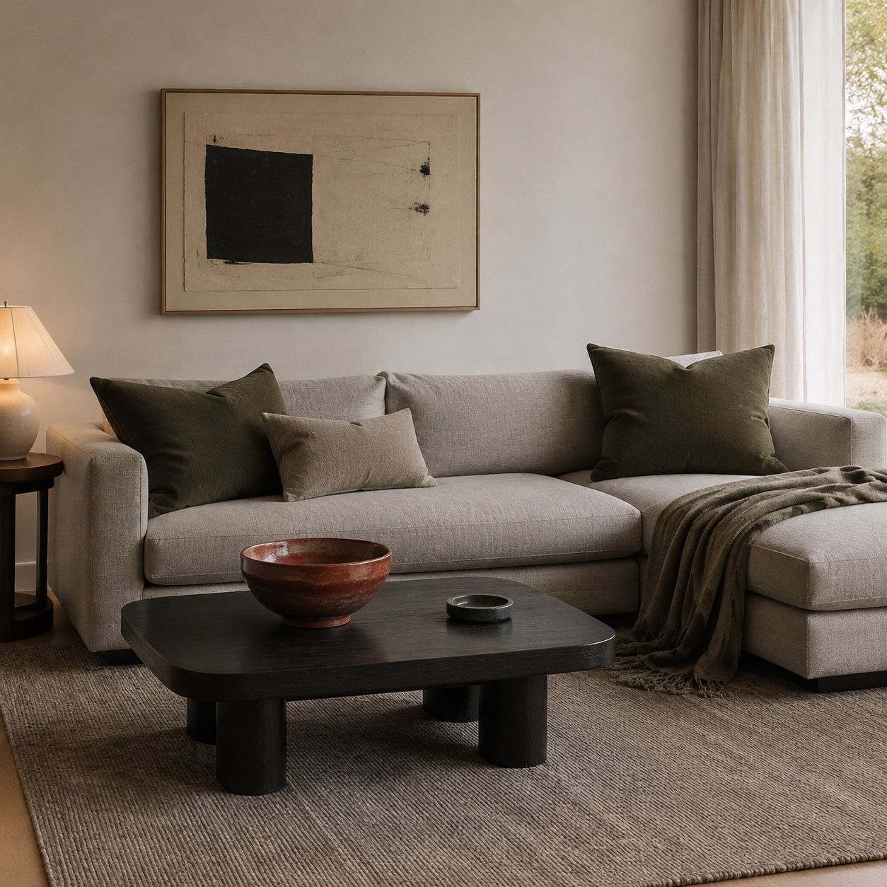 Calm color palette balanced room Modern living room with warm white walls, pale oak flooring, greige sofa, muted olive pillows, rust ceramic bowl, and wool rug. | Sky Rye Design Modern living room with warm white walls, pale oak flooring, greige sofa, muted olive pillows, rust ceramic bowl, and wool rug.
