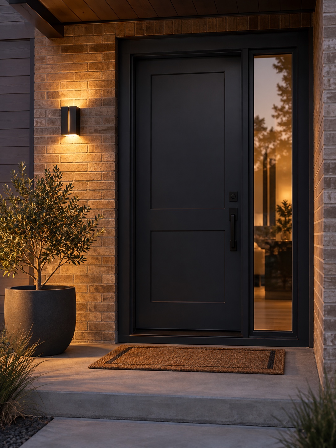 Charcoal front door Charcoal front door with black hardware and warm brick at dusk | Sky Rye Design Charcoal front door with black hardware and warm brick at dusk