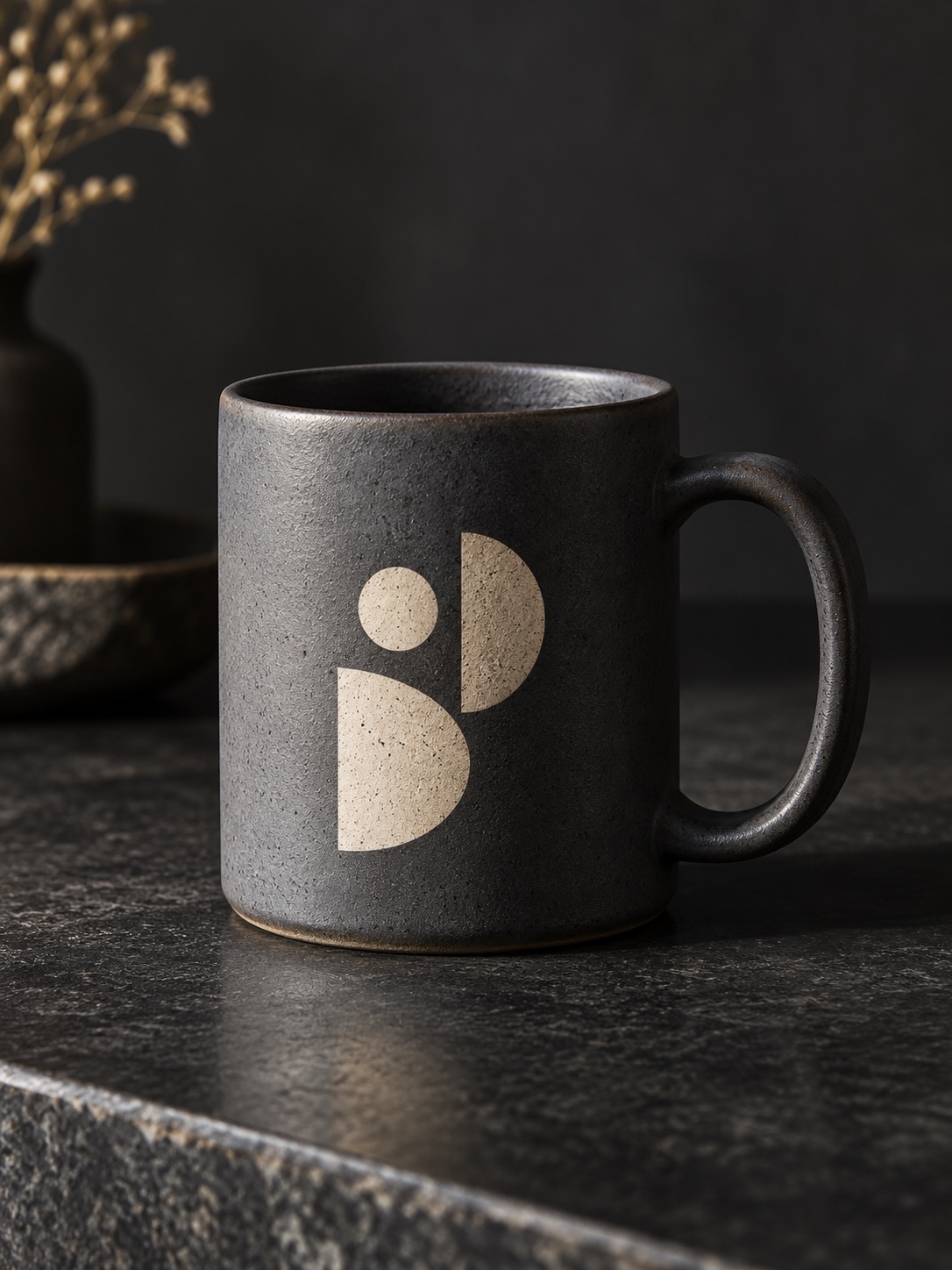 Dark charcoal ceramic mug with a simple pale abstract mark in high-contrast studio light