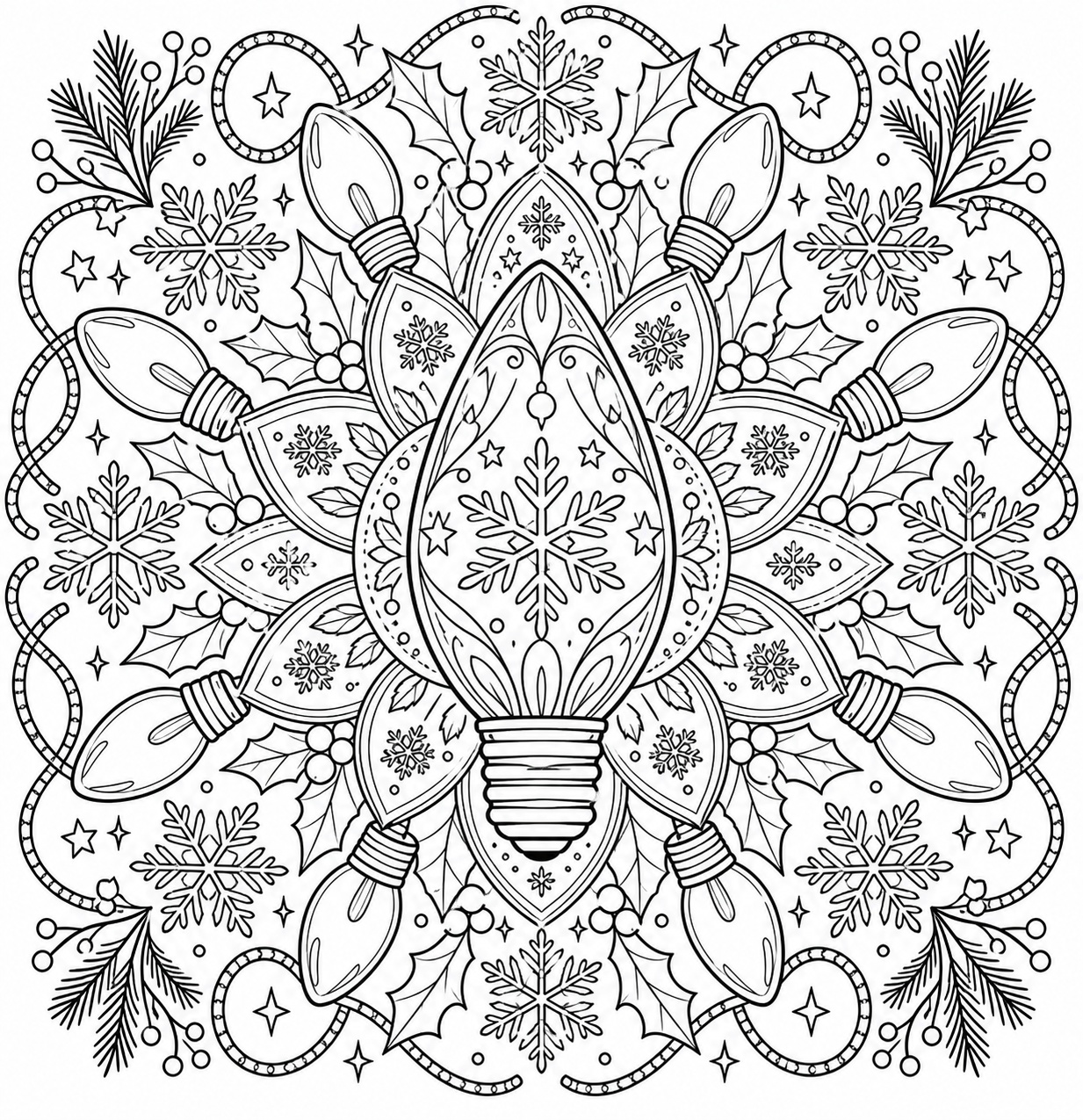 Christmas Light Bulb Mandala Coloring Page Christmas light bulb coloring page mandala with snowflakes, holly, bulbs, and looping cords | Sky Rye Design Christmas light bulb coloring page mandala with snowflakes, holly, bulbs, and looping cords