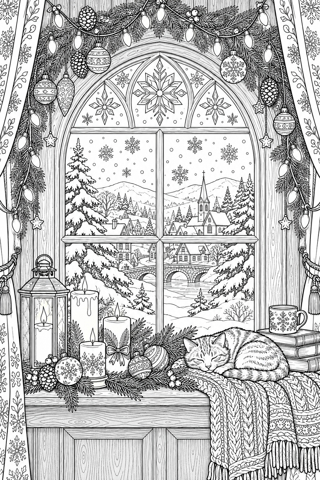 Cozy Window Christmas Lights Coloring Page Adult Christmas lights coloring page with cozy window, garland, candles, ornaments, and snowy village | Sky Rye Design Adult Christmas lights coloring page with cozy window, garland, candles, ornaments, and snowy village