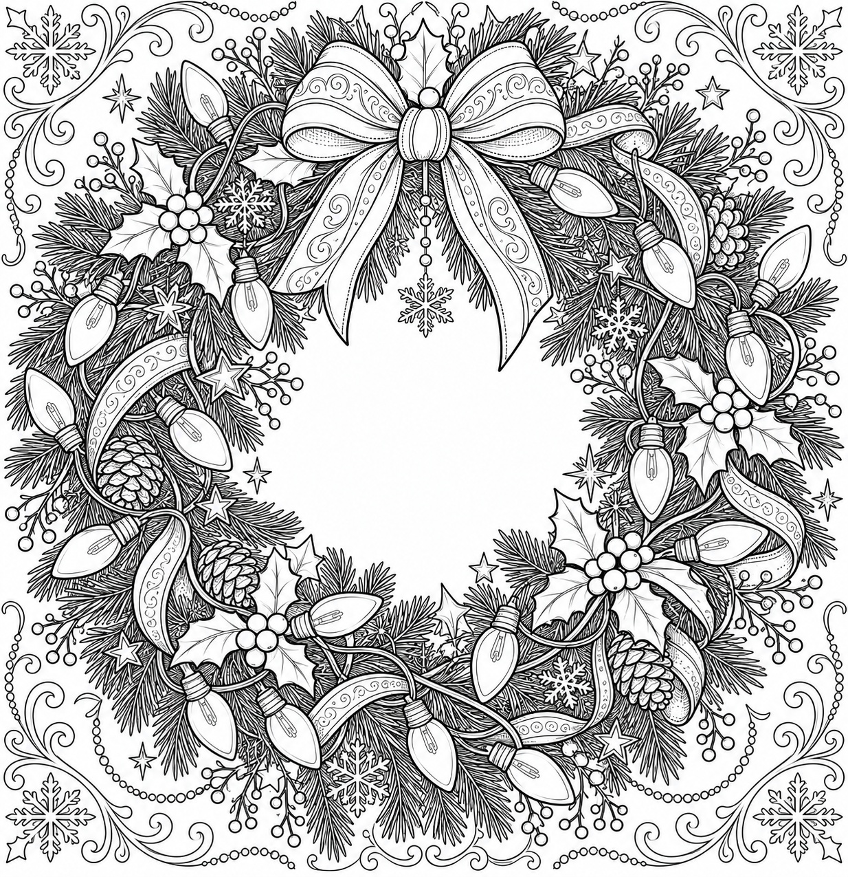 Detailed Christmas Lights Wreath Coloring Page Detailed Christmas lights coloring page with ornate wreath, holly, pine branches, bow, and bulbs | Sky Rye Design Detailed Christmas lights coloring page with ornate wreath, holly, pine branches, bow, and bulbs